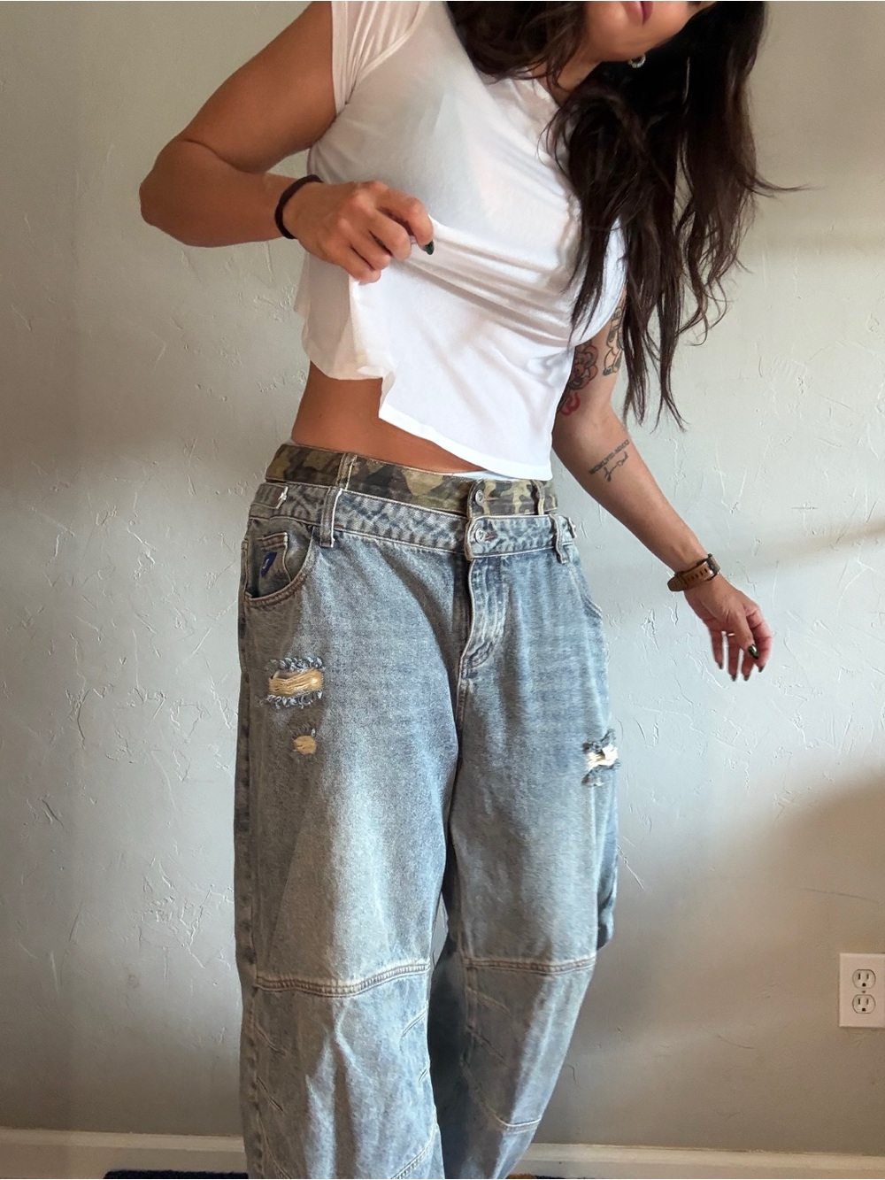 Aelfric Eden Camo Layered Waistband Distressed Baggy Jeans - 34/32